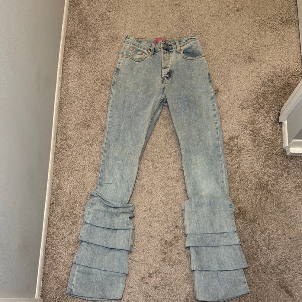 Light Blue Layered Flare Jeans. Brand: Minaa Monroe